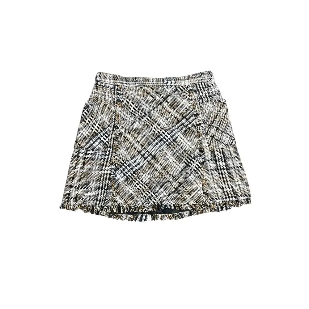 Goodnight Macaroon Plaid Tweed Fringe Hem Mini Skirt Size‎ Medium Preppy Twee